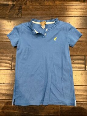 The Beaufort Bonnet Company Blue Girls' Short Sleeve Polo with Ruffle Collar
